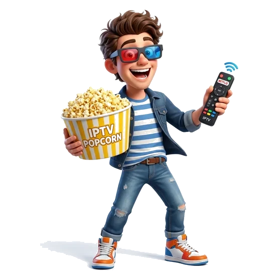 4K Live IPTV streaming mascot with popcorn and remote